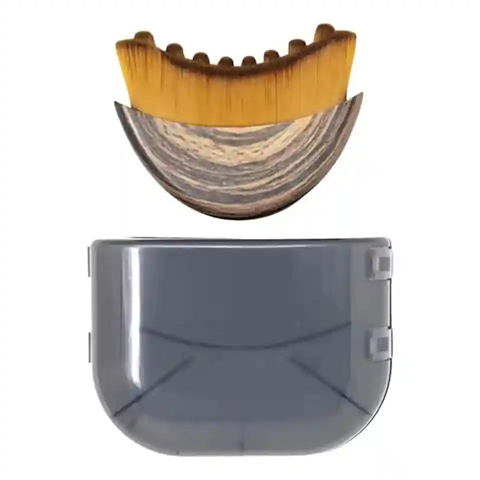 Contour facial brush with curved, tan bristles, wood-grain handle, and a grey protective plastic case.