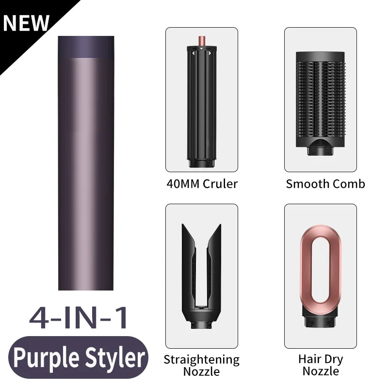 SenCiciMen 4-in-1 purple hair styler set with curling barrel, smooth comb, straightening and hair drying nozzles.