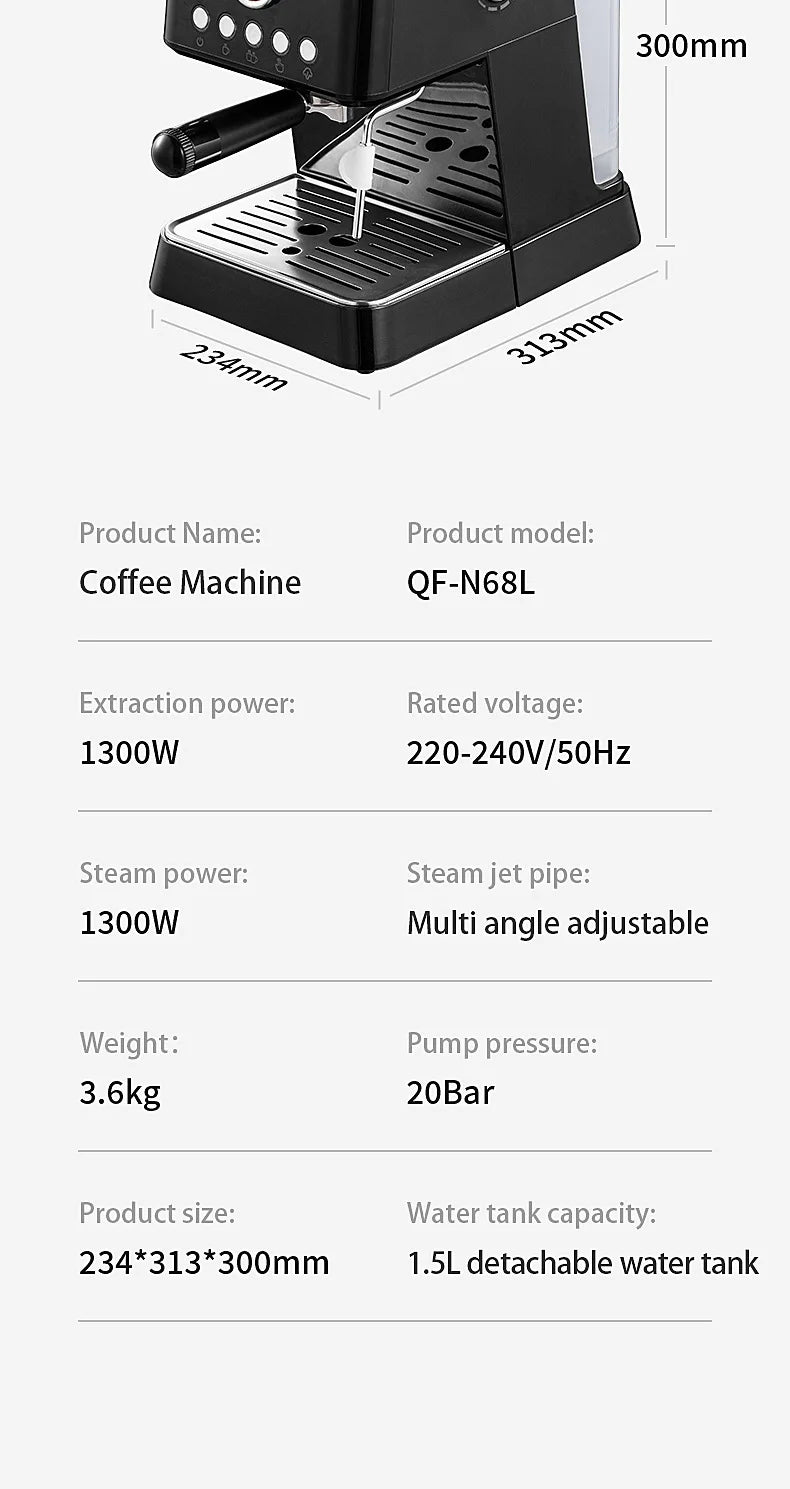 Black 20-bar espresso coffee machine (model QF-N68L) with 1.5L water tank and adjustable steam wand.
