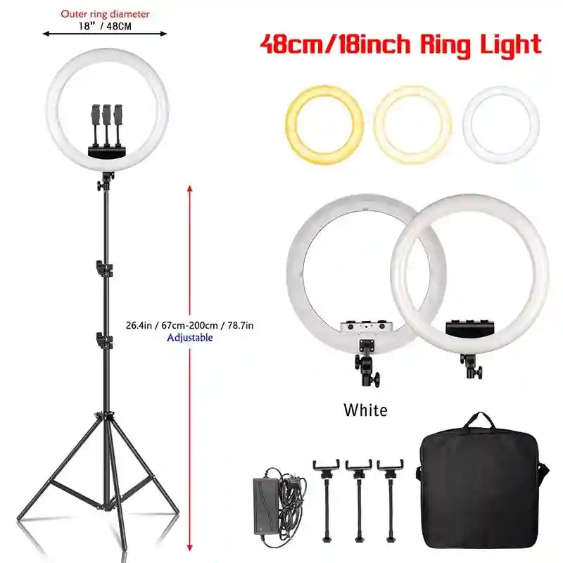 18-inch LED ring light with adjustable tripod stand, three phone mounts, power adapter, and carrying case.