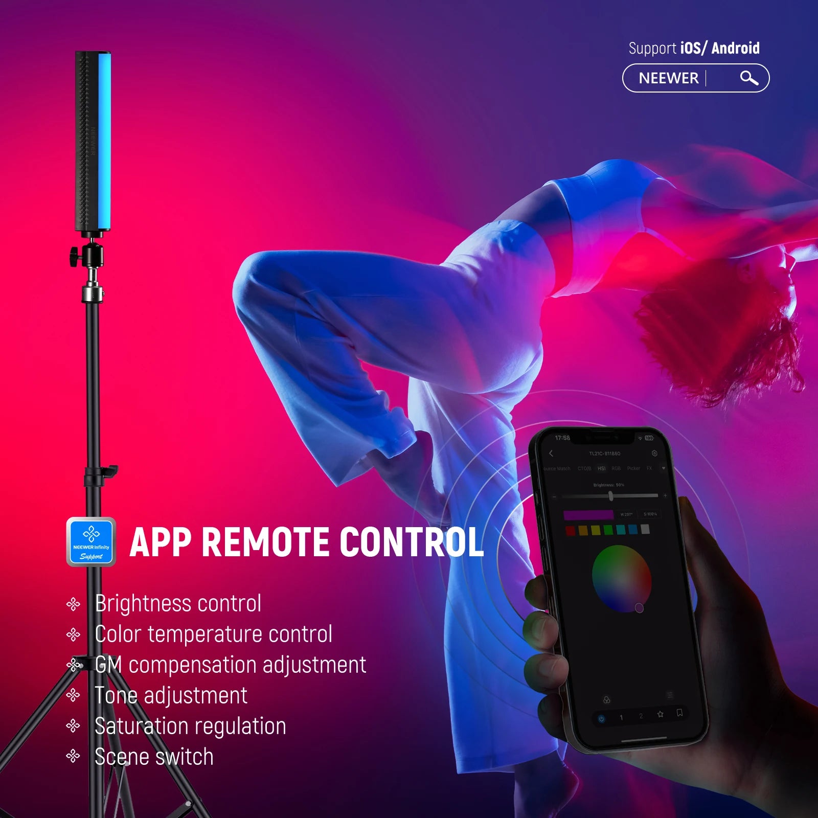 RGB LED light stick on a tripod stand, controlled by a smartphone app for adjustable color, saturation, and brightness.