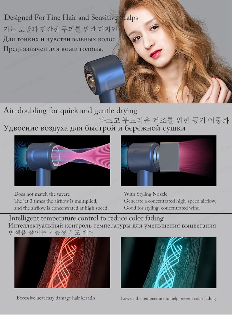 Blue leafless hair dryer with styling nozzle for quick drying, negative ion technology, and intelligent heat control.