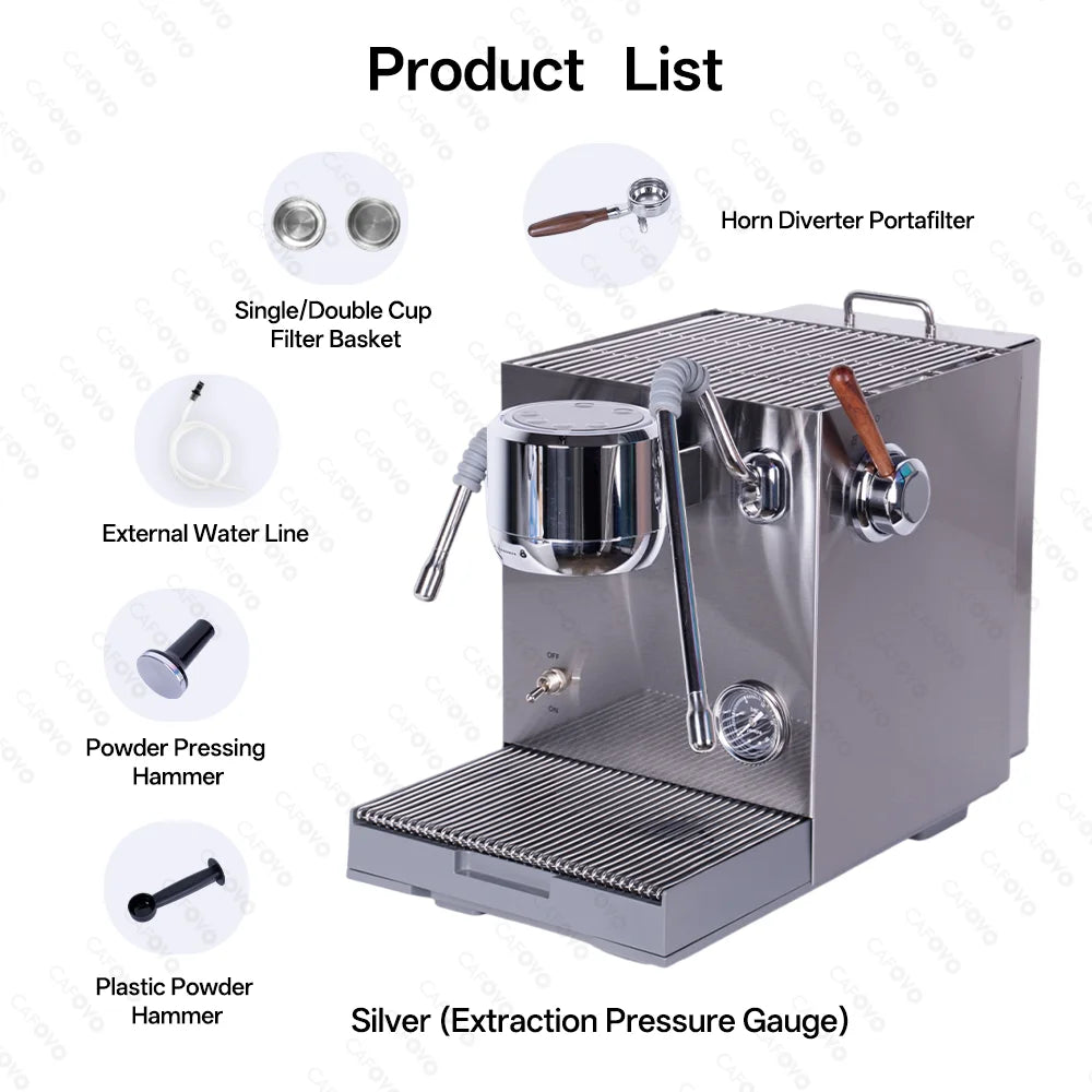 Cafovo stainless steel espresso machine with pressure gauge, portafilter, and accessories on white background.