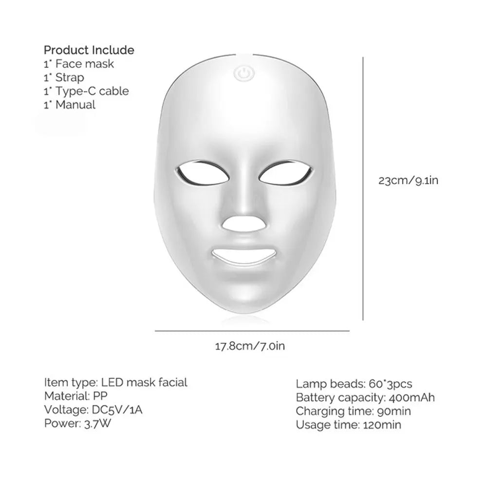 White wireless LED face beauty mask with power button, shown with product dimensions and technical specifications.