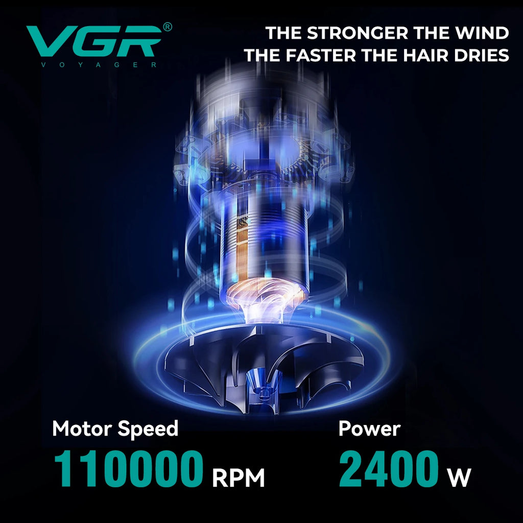 VGR V-469 professional hair dryer with 110,000 RPM BLDC motor and 2400W power for fast ionic salon hair drying.