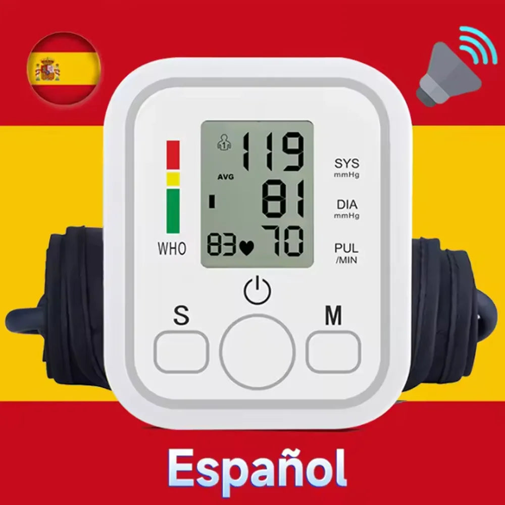 Spanish Voice Arm Automatic Blood Pressure Monitor BP Sphygmomanometer Pressure Meter Tonometer for Measuring Arterial Pressure