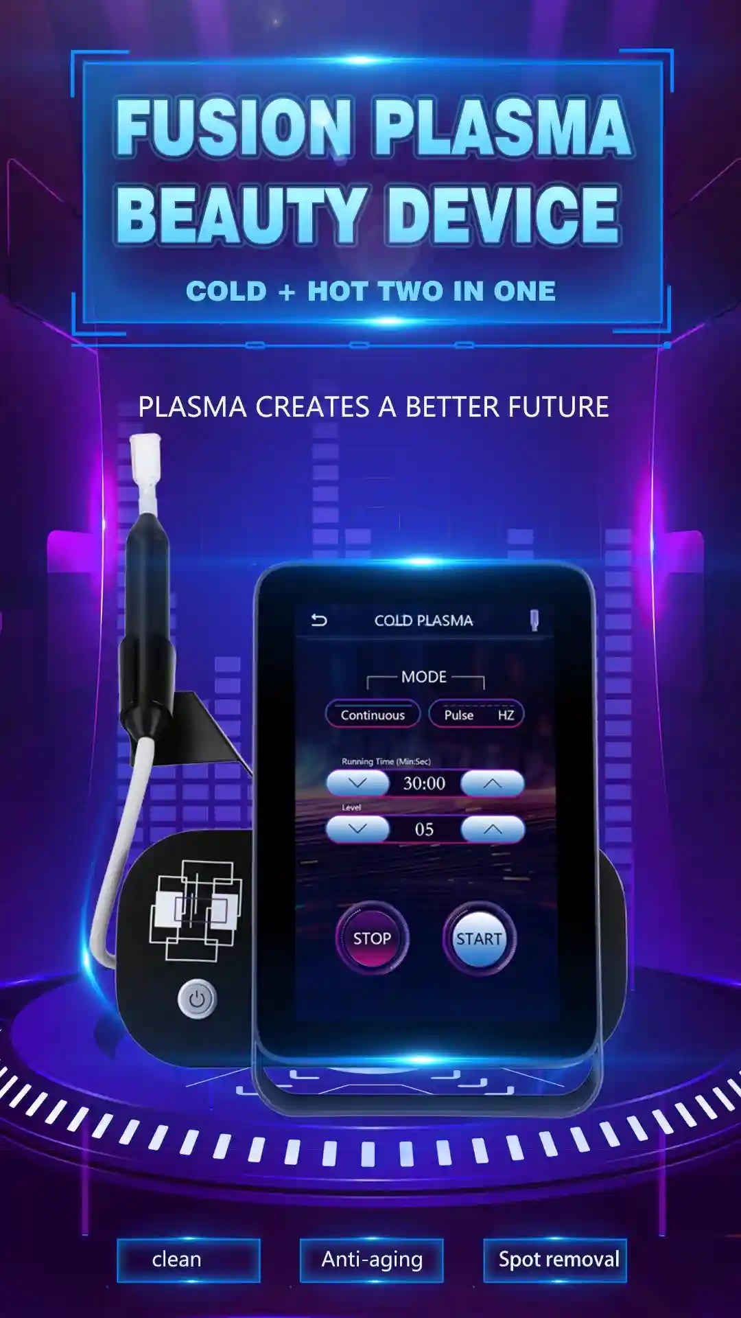 6-in-1 cold plasma beauty device with touchscreen for deep skin cleaning, anti-aging, and professional spot removal.