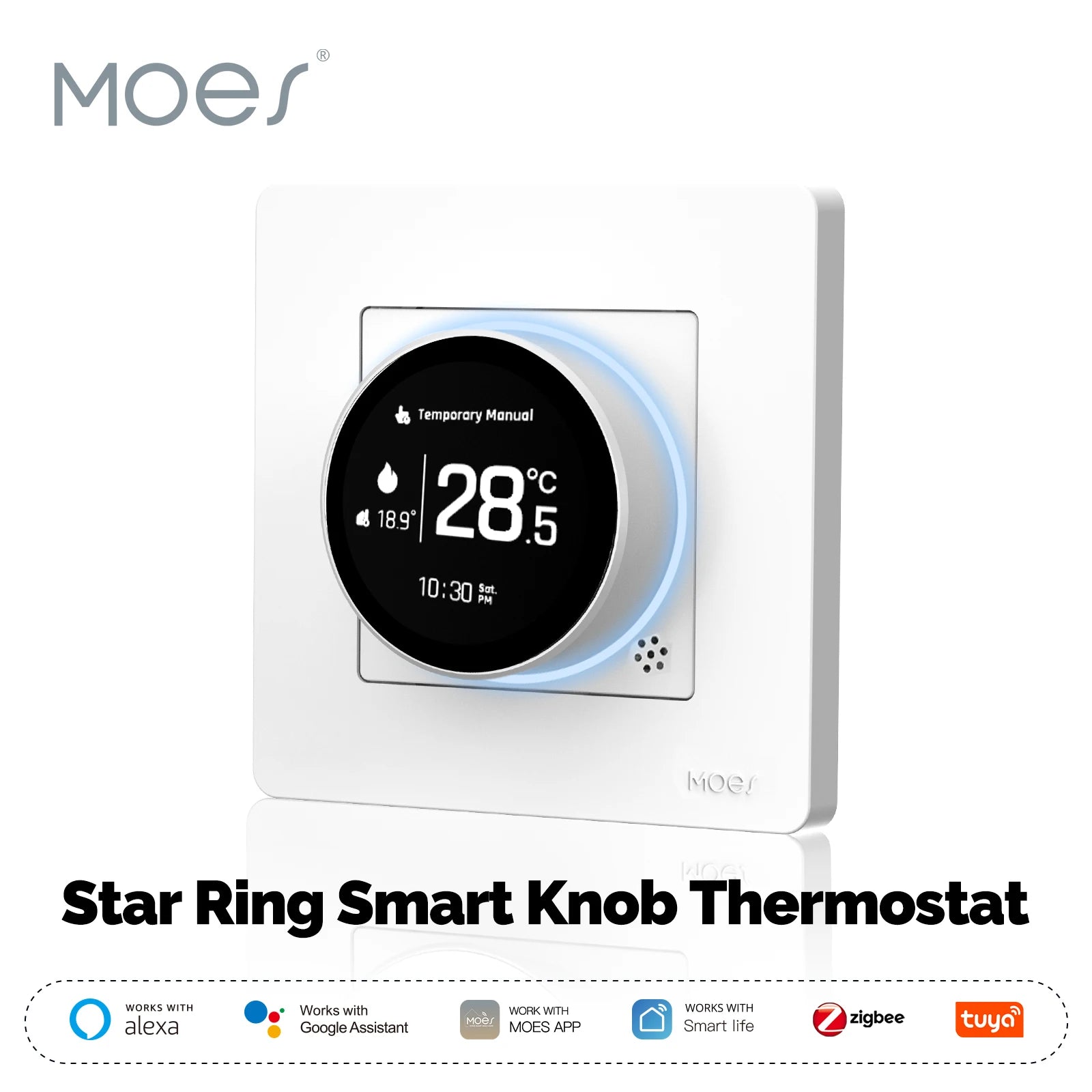 MOES ZigBee Star Ring Smart Thermostat, Knob Control for Water/Electric/Gas Boiler, Works with Alexa Google Home, 9 Languages