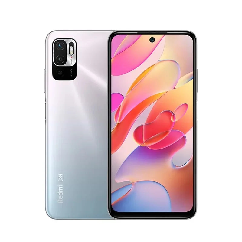 Silver Xiaomi Redmi Note 10 5G smartphone showing front display and rear 48MP camera setup on white background.