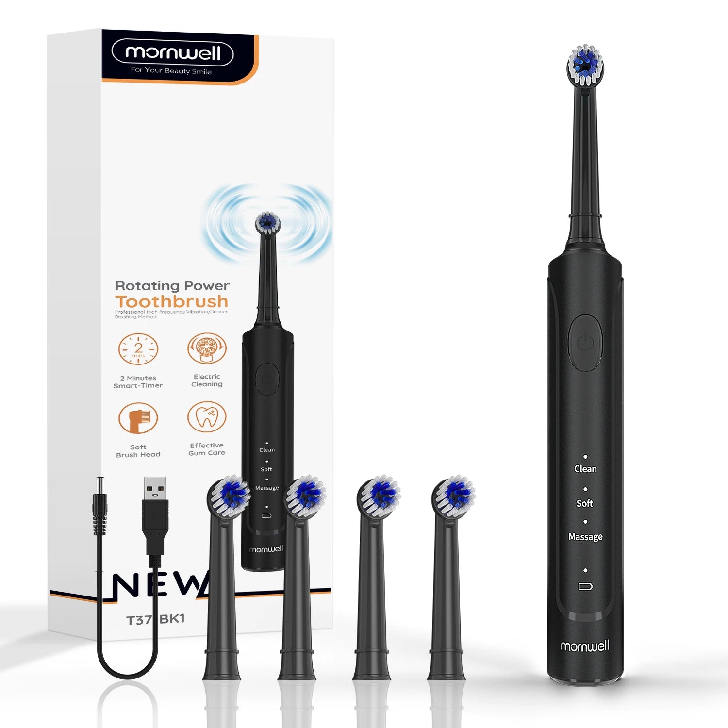 Electric Toothbrush Rotation Clean Teeth Adult 3 Modes Teeth Brush T37 Sonic Electric Tooth Brush With 4 Extra Replacement Heads