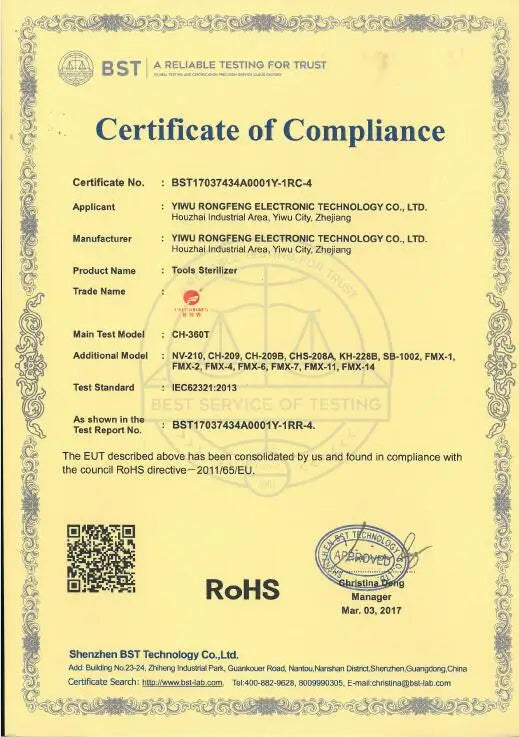 A yellow BST Certificate of Compliance document for a tools sterilizer, featuring a border, QR code, and signature.