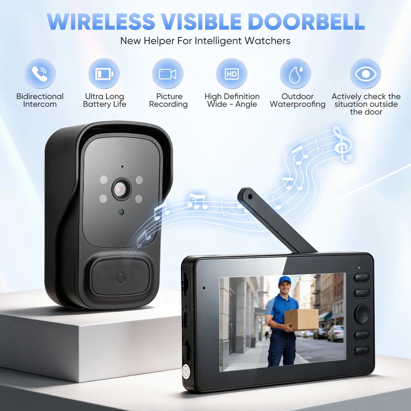 Outdoor Wireless Doorbell With Camera IP65 Waterproof 1080P HD 4.3" Screen 2.4G Video Doorbell Two-Way Audio Night Vision
