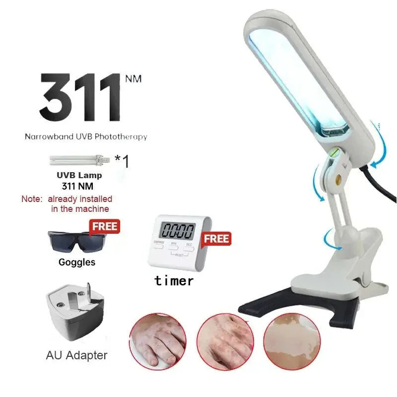 Portable 311nm handheld UVB light therapy lamp for vitiligo, psoriasis, and eczema treatment with goggles and timer.