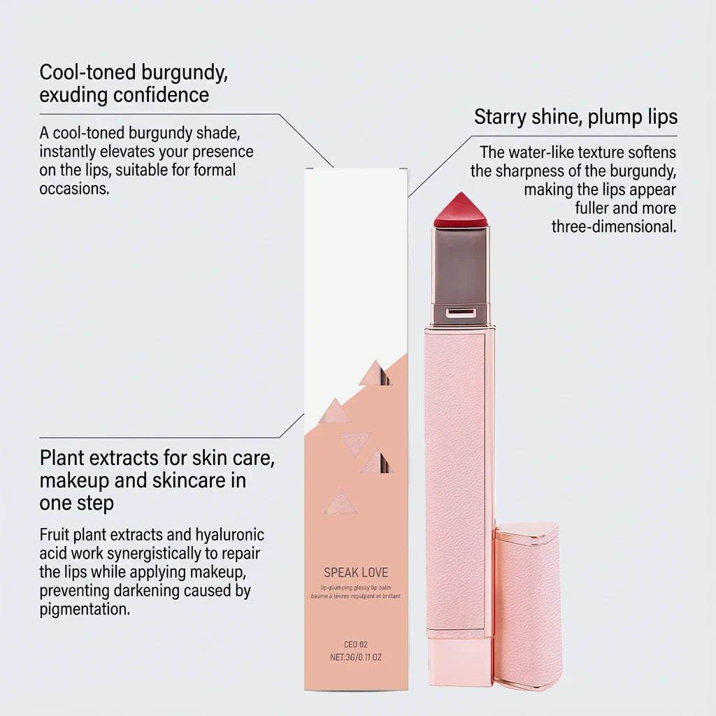 Glossy burgundy lip balm stick with hydrating, plumping formula for dry lips. Chic pink applicator and packaging.