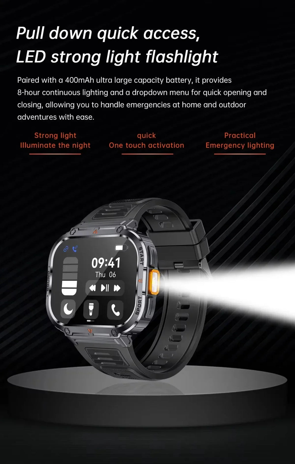 New Smart Watch Men LED Light Flashlight BT Call Music Player Sport Fitness Bracelet Calories Ultra Large Screen Smartwatch