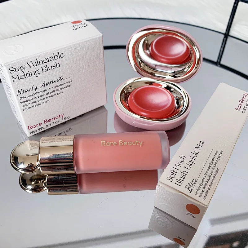 Rare Beauty Stay Vulnerable Melting Blush in Nearly Apricot and Soft Pinch Liquid Blush in Bliss with original boxes.