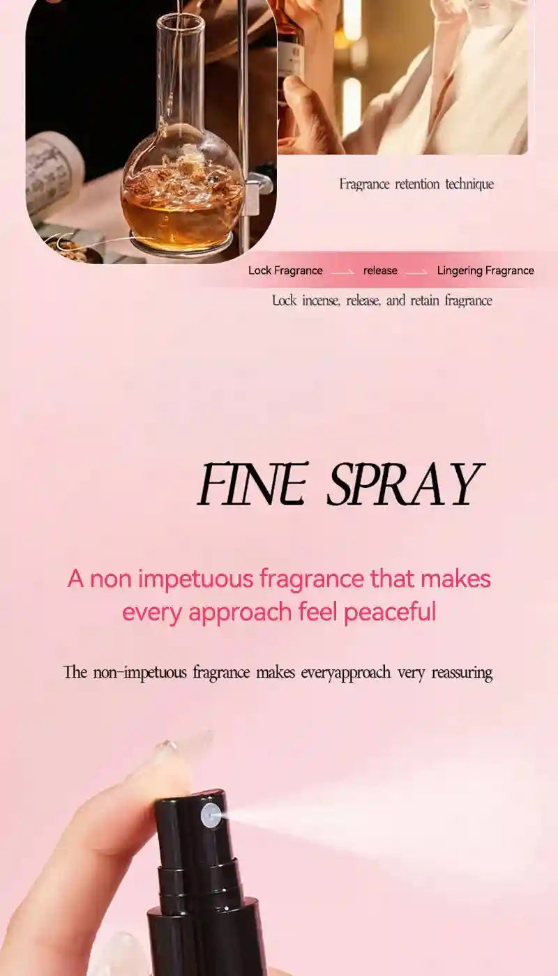 Fine spray perfume in a black bottle with a fine-mist nozzle, shown being pressed to release fragrance.