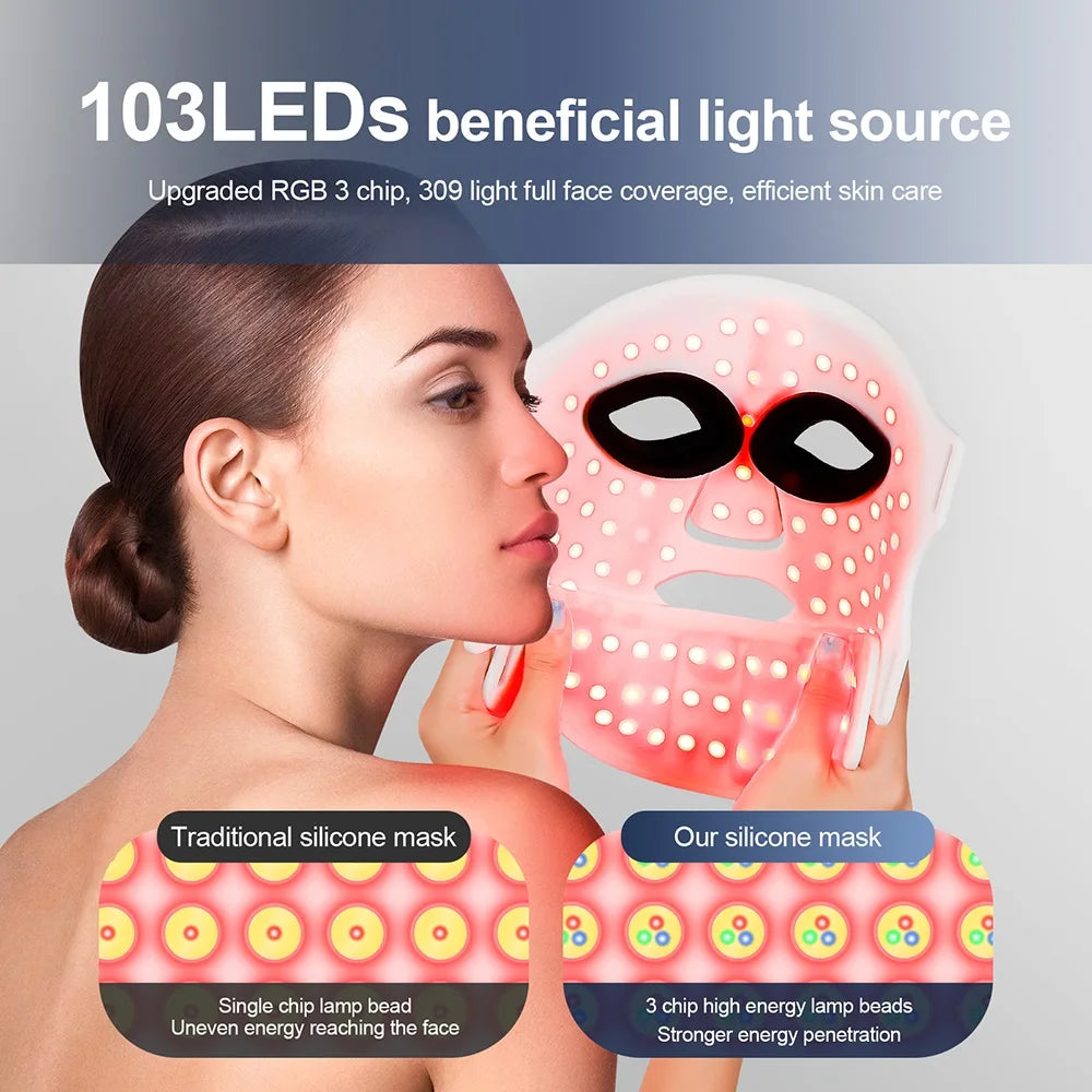 A person holds a flexible, white silicone LED facial mask emitting red light against their face.
