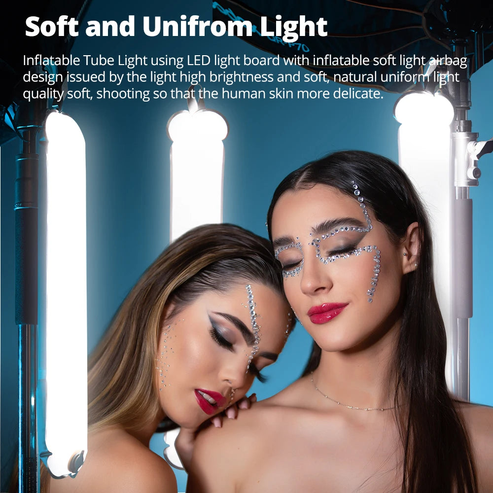 Inflatable LED tube light with a white, soft-diffusing surface mounted on stands for professional studio portrait