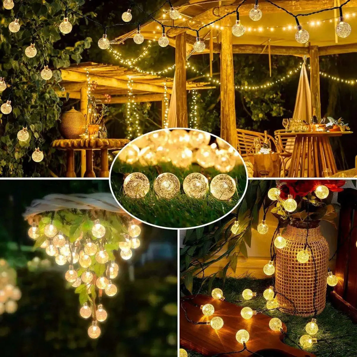 Warm globe bubble ball string lights under an outdoor canopy with a close-up inset