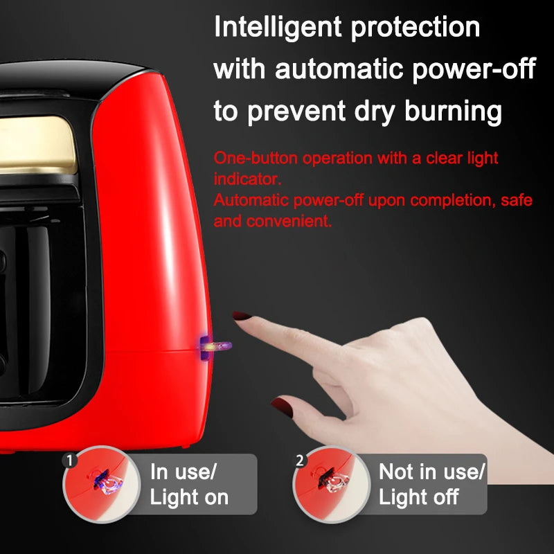 Red compact electric coffee maker with automatic power-off, one-button operation, and LED status indicator light.