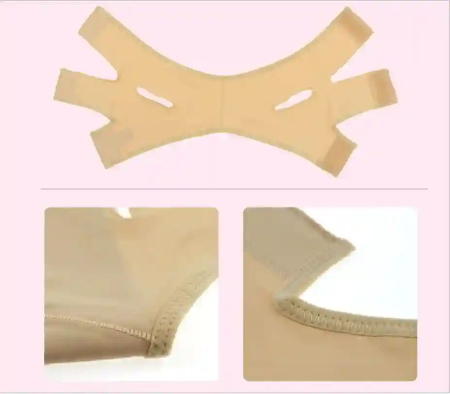 Nude beige elastic face slimming bandage with ear cutouts and adjustable straps, shown full and in close-up detail.
