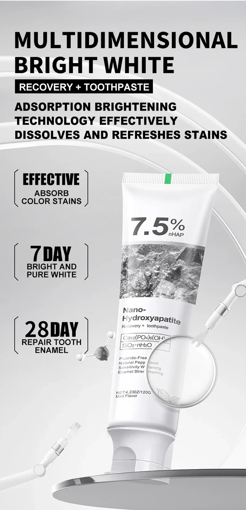 Tidesmit 7.5% Hydroxyphosphate whitening toothpaste for deep stain removal and long-lasting fresh breath.