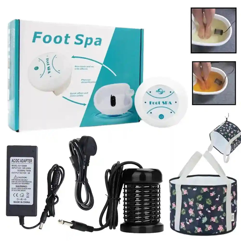 Ionic foot spa kit with a round controller, black ionizer array, AC adapter, and a foldable, patterned basin.