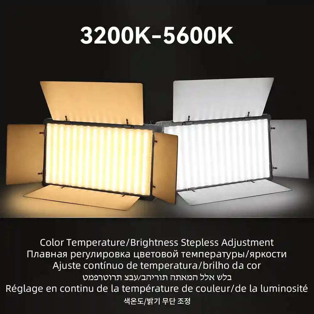 Two rectangular LED studio lights with adjustable barn doors for color temperature from 3200K (warm) to 5600K (cool).