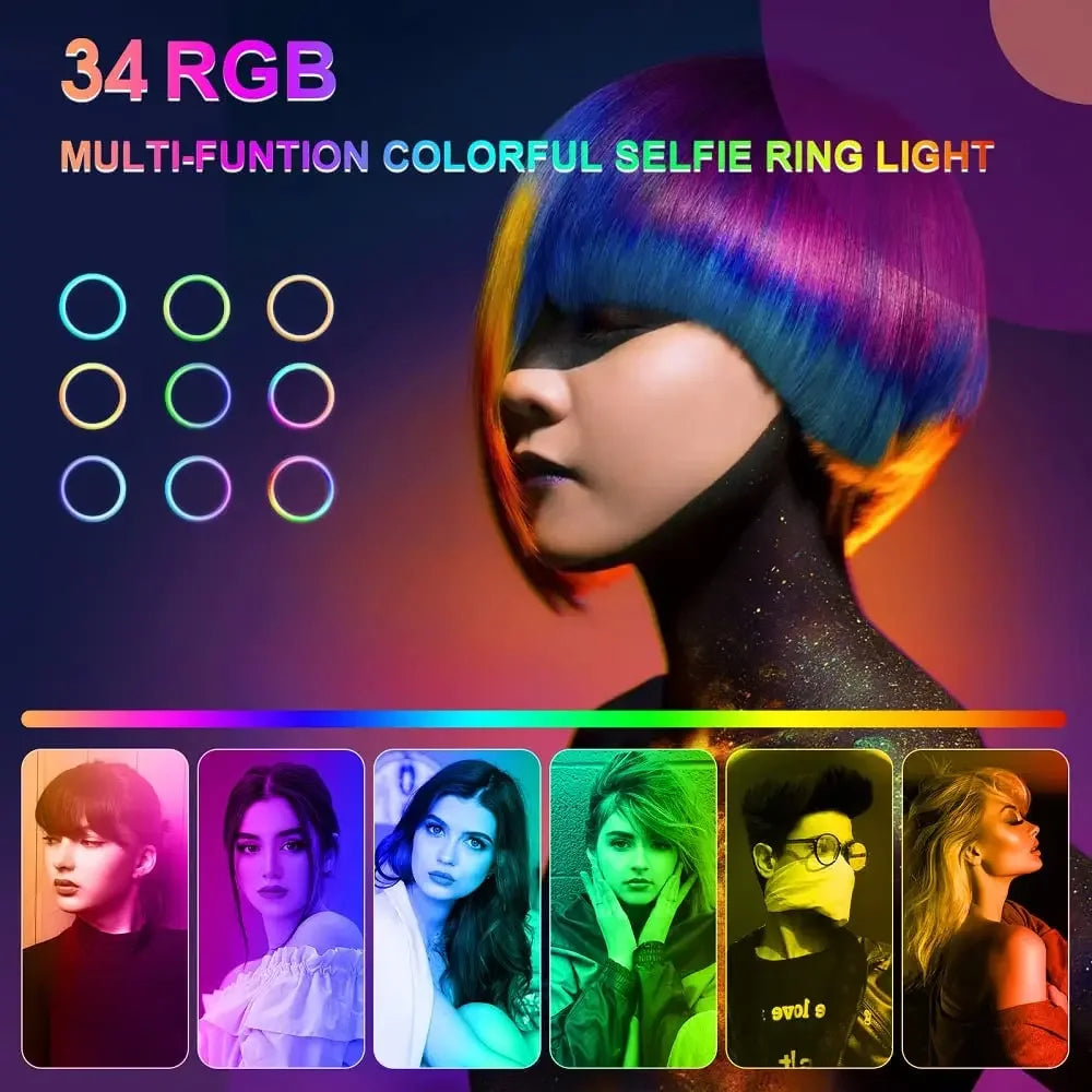 Circular LED selfie ring light with 34 adjustable RGB color modes for photography and creative lighting.