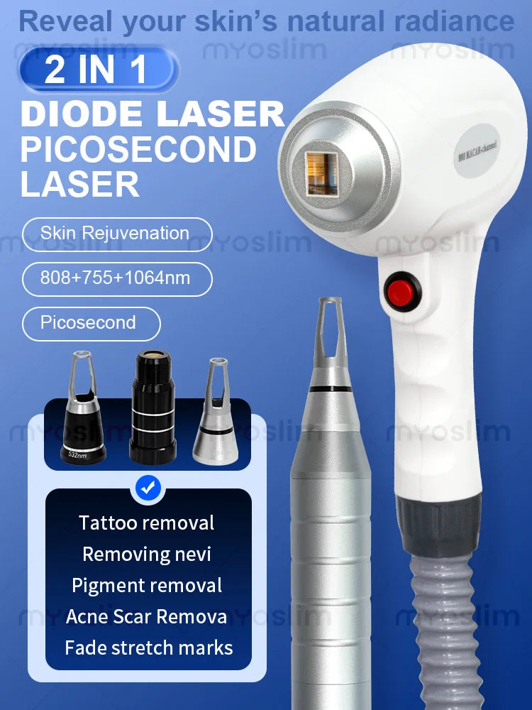 Tidesmit 2-in-1 diode and picosecond laser machine side view for professional hair and tattoo removal skin treatment