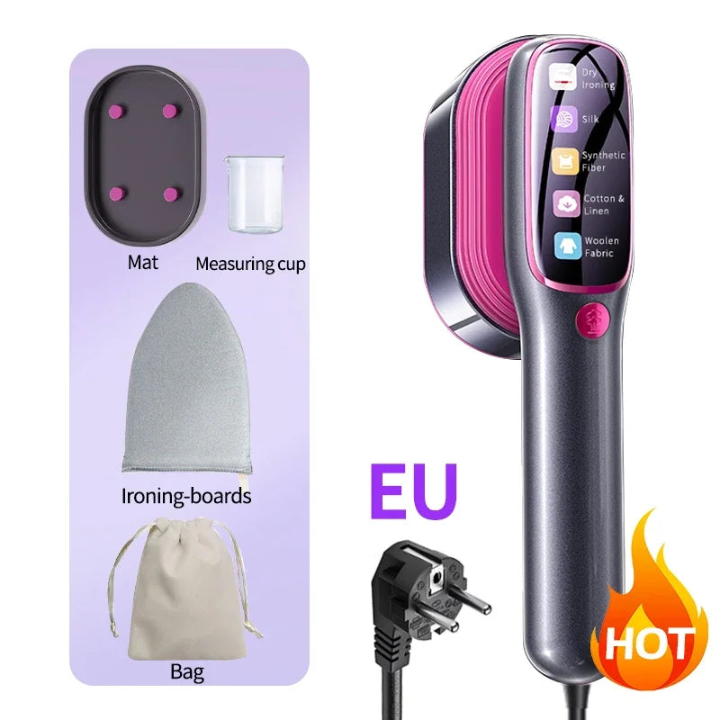 Handheld garment steamer kit with purple nozzle, measuring cup, mat, and storage bag