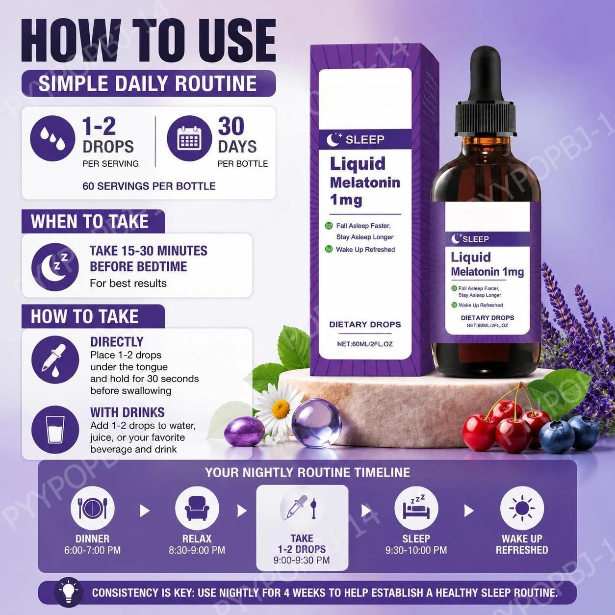 Liquid Melatonin 1 Mg Sleep Drops, Mint Leaf Extract, Fall Asleep Faster, Stay Asleep Longer, Wake Up Refreshed 60 ML
