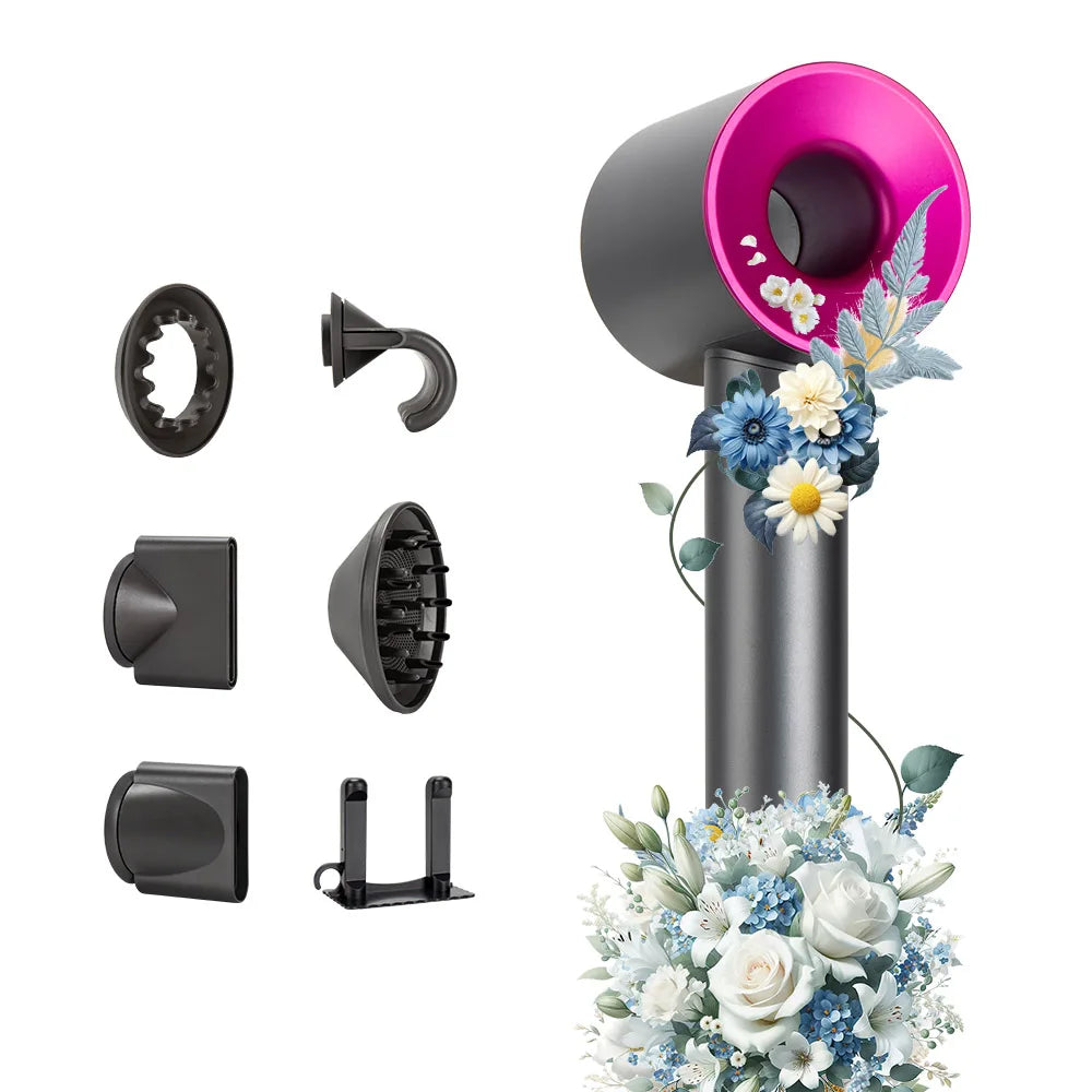 Grey and pink 5-in-1 ionic hair dryer with professional attachments, diffuser, and leafless design for salon styling.
