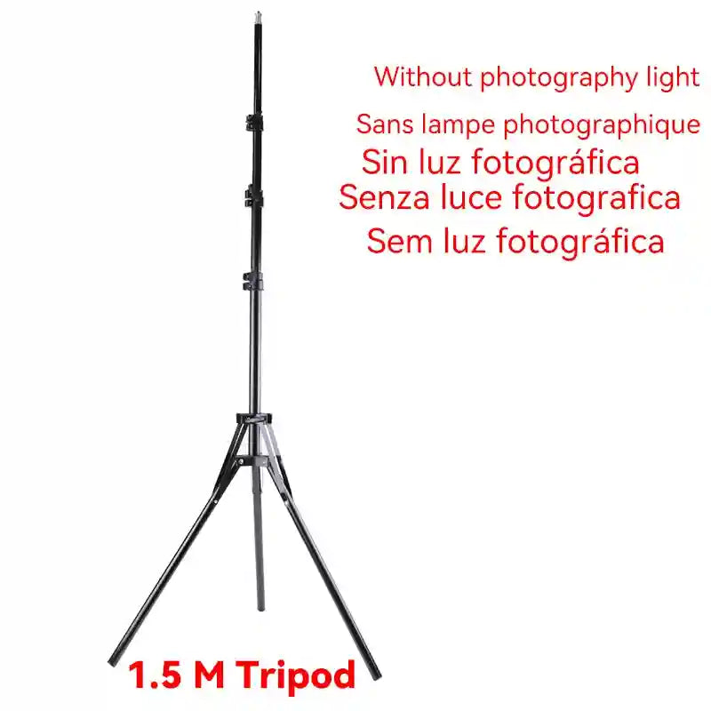 Black 1.5-meter metal tripod stand for photography equipment, featuring adjustable height and a foldable three-leg base.