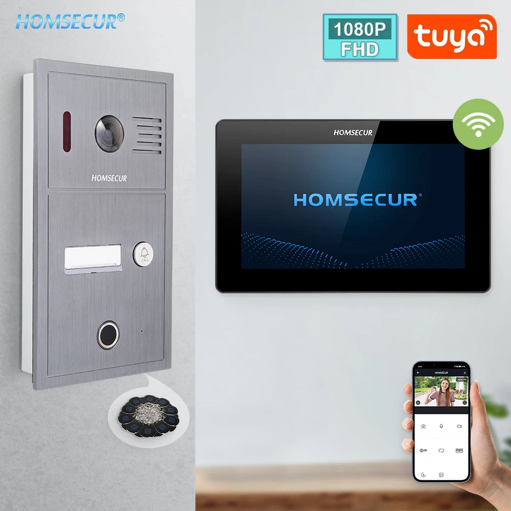 HOMSECUR 4 Wire Tuya Smart 7" WIFI 1080P Video Phone Doorbell Intercom IP65 Camera Fingerprint IC Keyfobs Access Snapshot Record