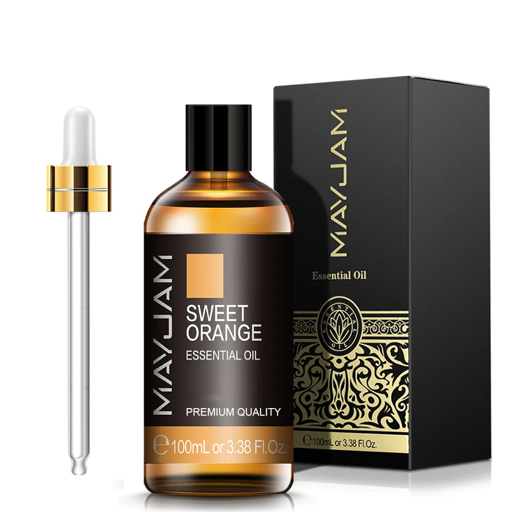 Sweet orange essential oil bottle, dropper applicator, and black gift box