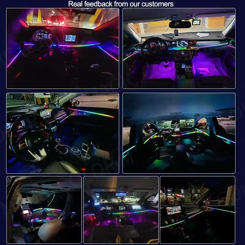Multi-color LED ambient light strips installed along car dashboards and interior panels for decorative illumination.