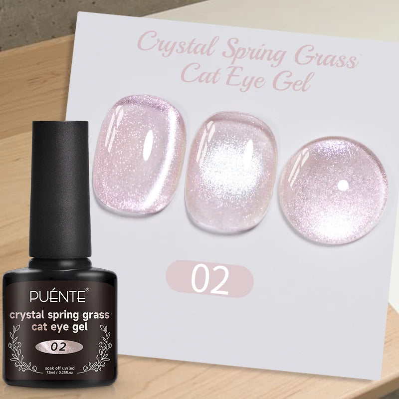 Crystal Spring Grass cat eye gel polish, color 02. Black 7.5ml bottle with three shimmering pink gel swatches.