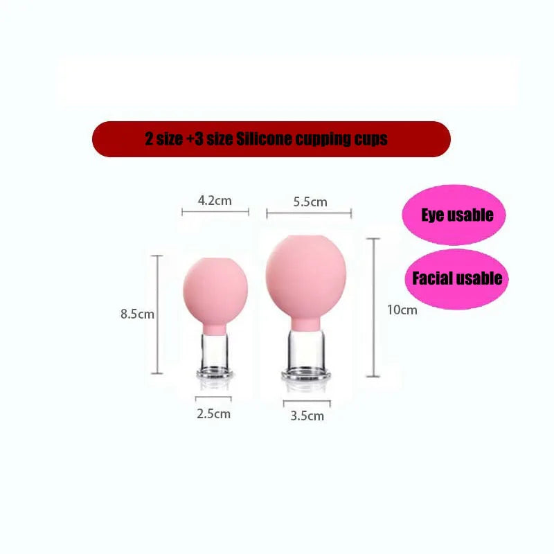 Two light pink silicone facial cupping tools with glass bases and size measurements labeled in centimeters.
