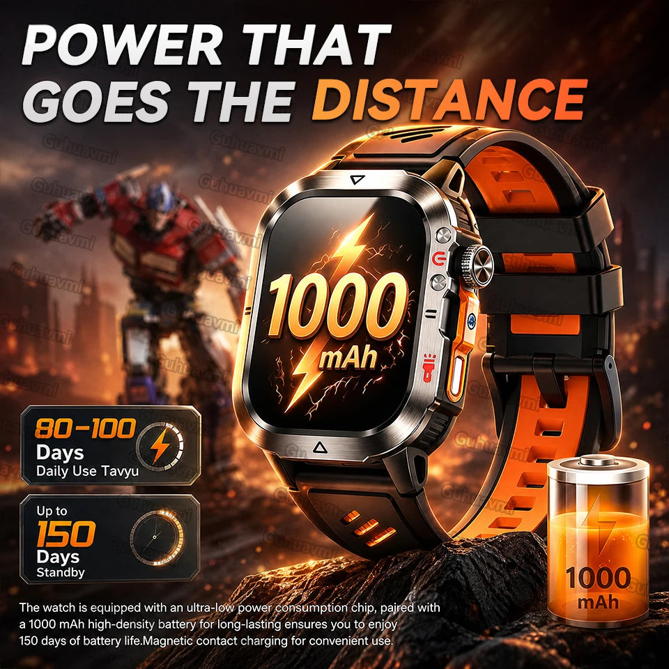 New 1000 MAh Battery Military Smartwatch 2.01" AMOLED Screen 5ATM Waterproof Fitness Tracker Sports Smart Watch For Android iOS