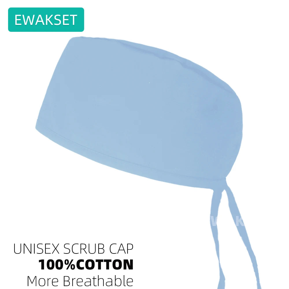 Light blue adjustable unisex scrub cap for vet, dental, and medical use. Breathable 100% cotton hat with sweatband.