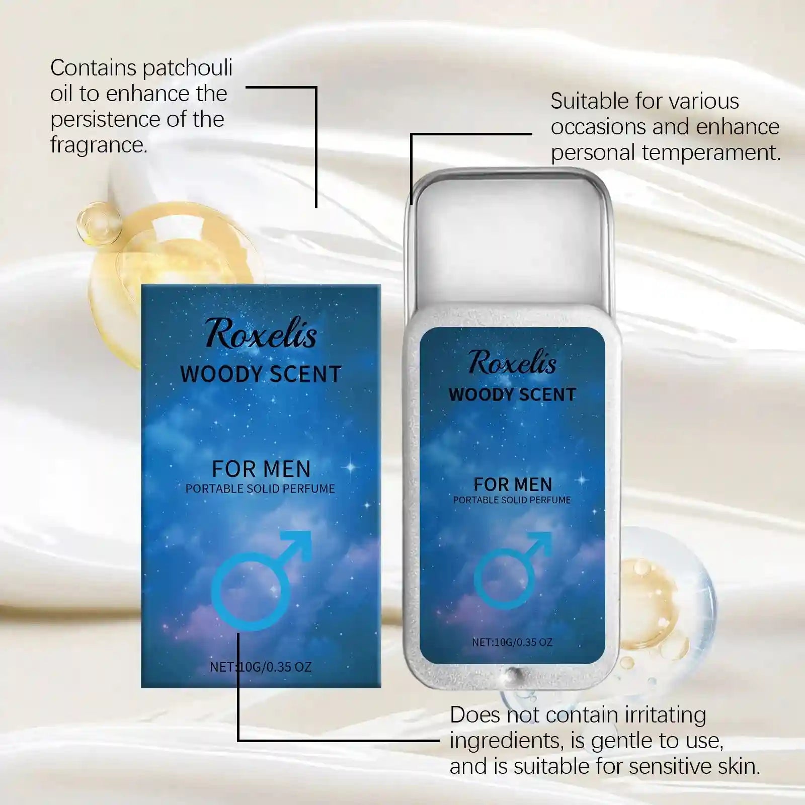 Roxelis woody solid perfume for men: long-lasting patchouli pocket balm in a rectangular sliding tin container.