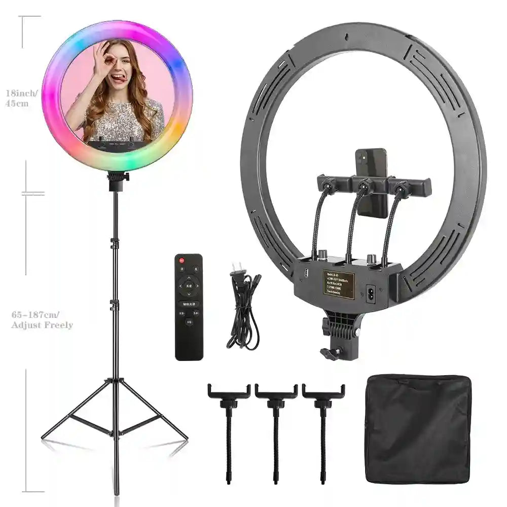 18 Inch LED Ring Light with Adjustable Tripod for Content Creation 200CM Tripod RGB Tidesmit