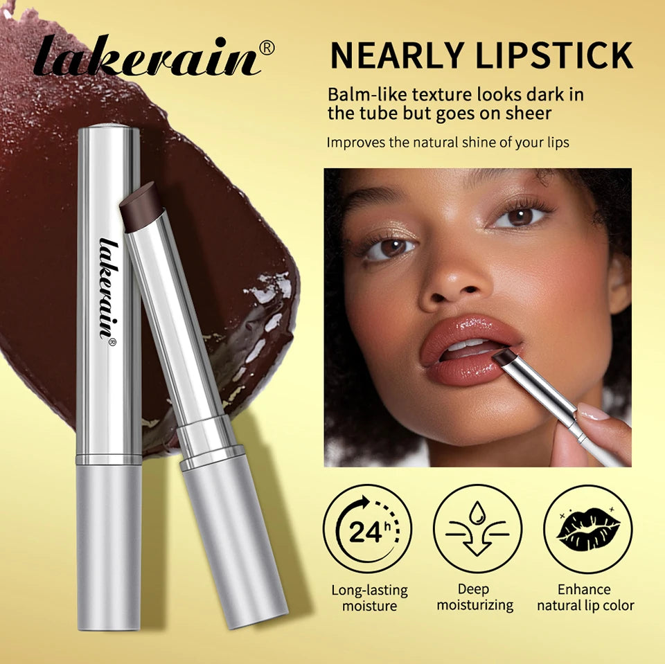 Lakerain moisturizing black-brown tinted lip balm with long-lasting, non-stick, glossy sheer finish for plump lips.