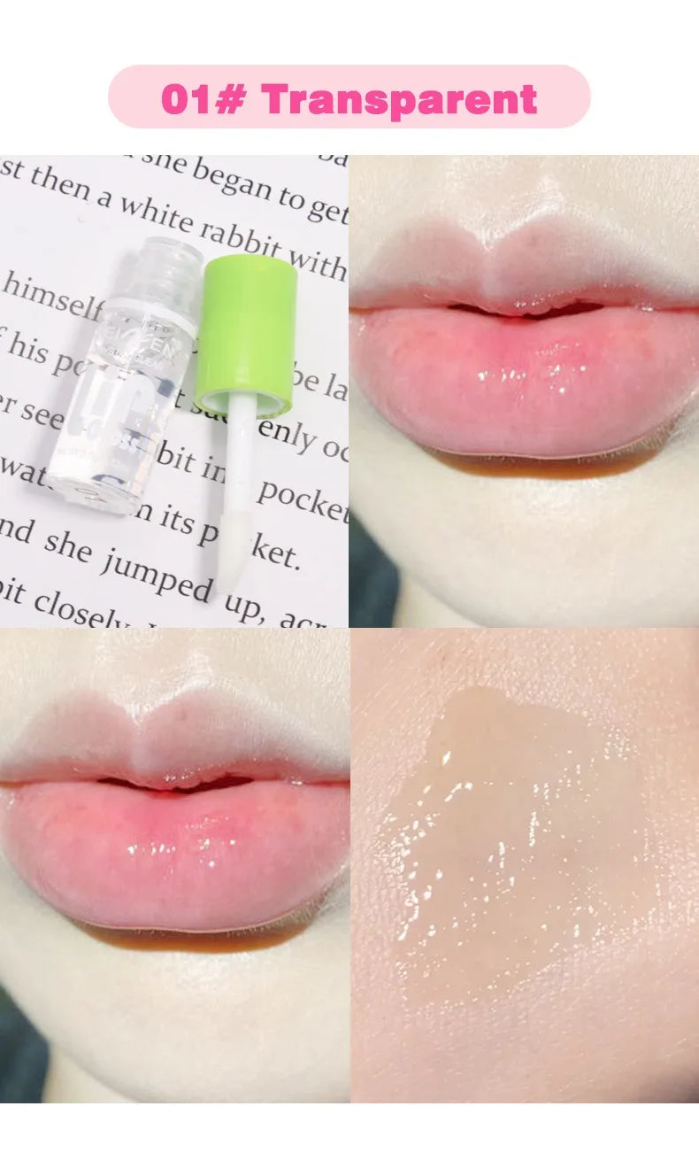 Transparent hydrating lip oil with glossy, moisturizing texture for plump-looking lips. Clear lip glaze makeup.