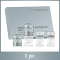 Anti-wrinkle infusion kit with a grey box, two clear microneedle devices, and two small bottles of peptide serum.