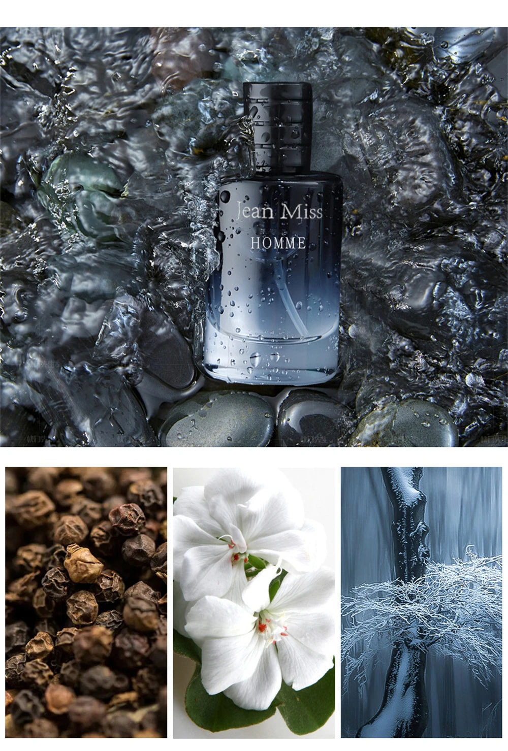 Jean Miss Homme 90ml men's perfume set, black gradient glass bottle, woody floral scent, black pepper & flower notes.