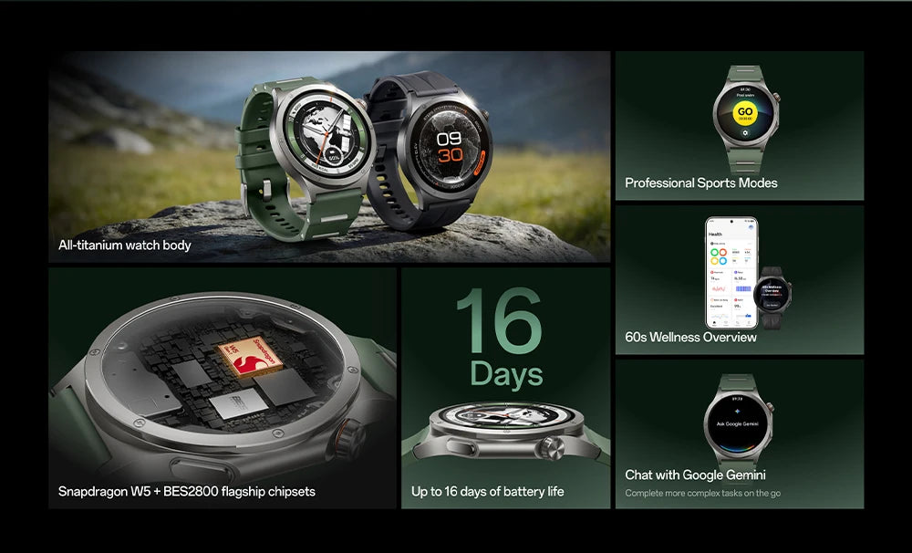 Smart watch OnePlus watch 4 Wear OS by Snapdragon W5 Google 16 days of battery life Chat with Google Gemini