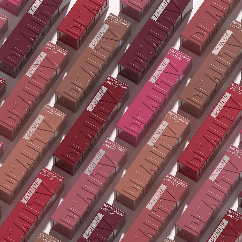 8pc set of DUNUF matte liquid lipstick in assorted nude, pink, and red shades for long-lasting waterproof lip makeup.